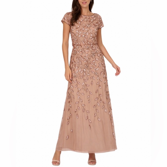 Adrianna Papell Dresses & Skirts - Adrianna Papell Floral Beaded Blouson Evening Gown Mauve Blush Pink size 2 New